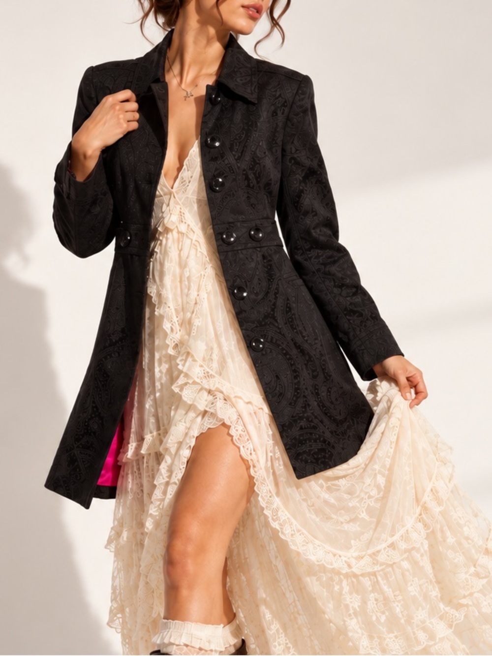 Trina Turk Black Paisley Jacquard Trench Coat Y2K Mod Belted Statement Jacket